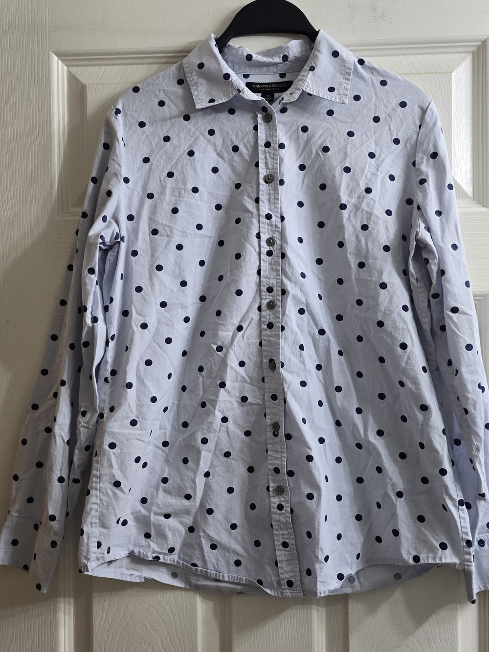 Banana Republic Womens Dillon Shirt Light Blue with Navy Polka Dots